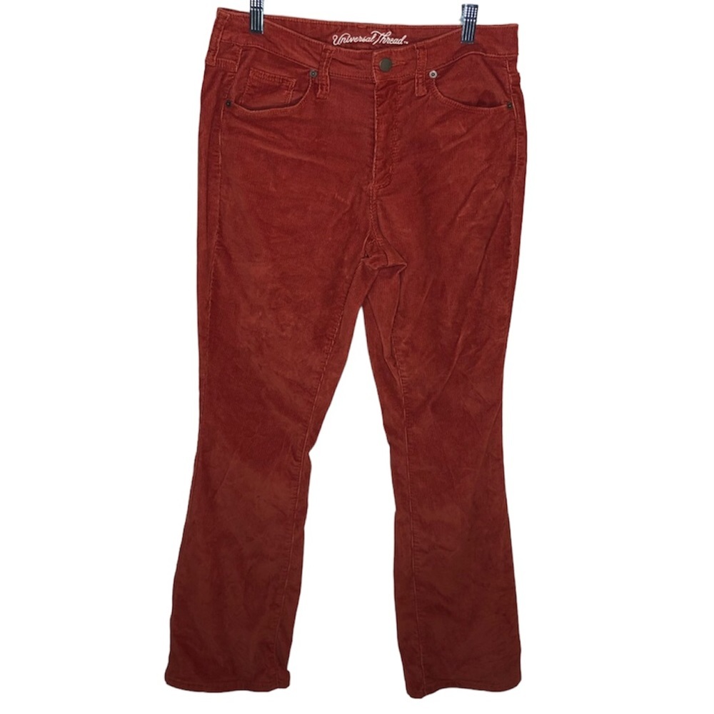 Pre-owned universal thread orange velvet high rise skinny boot cut jeans